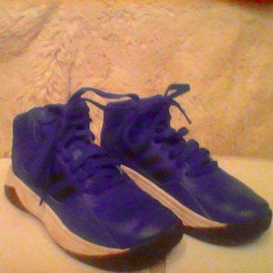 blue black and white adidas basketball shoes, rubber bottoms, size one boy shoes